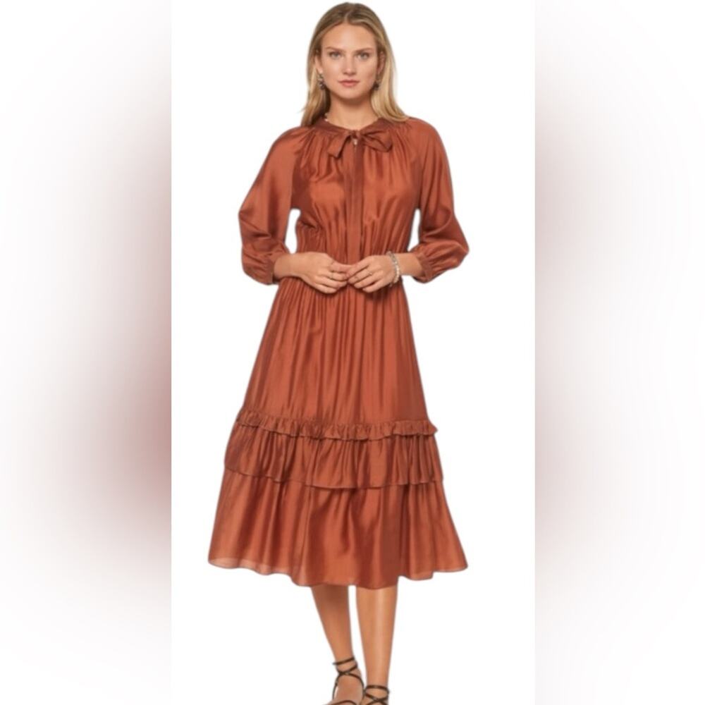 Current Air Cognac Rust Ruffle Tie Neck Western Cowgirl Prairie Dress Size Large